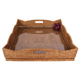 Scalloped Rattan & Glass Serving Tray