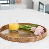Round Rattan & Glass Serving Tray