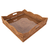 Scalloped Rattan & Glass Serving Tray